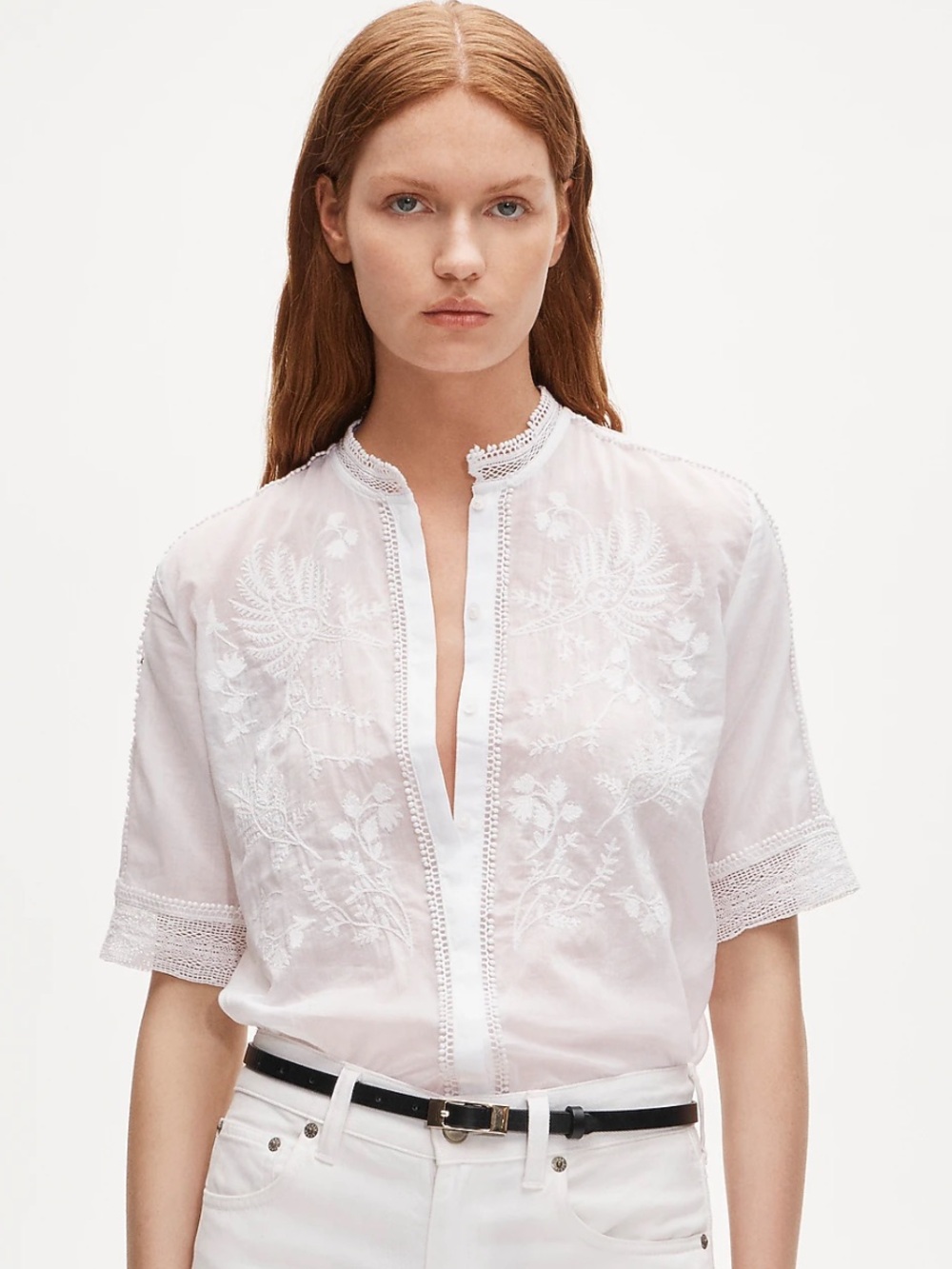 J. Crew White Embroidered lace trim button up cotton 6 Short-Sleeve Blouse